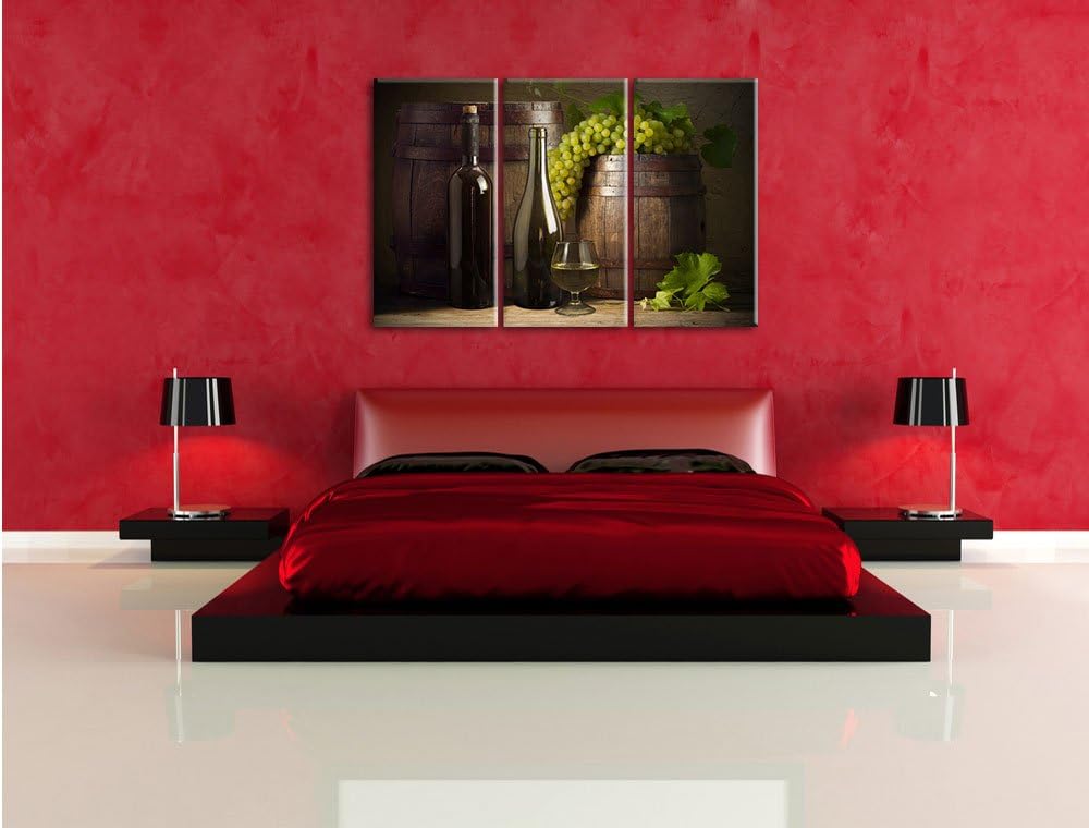 Pixxprint Fässer mit Weintrauben und Wein als Leinwandbild | Grösse: 3 Teilig (120x80) | Wandbild| K