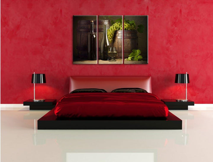 Pixxprint Fässer mit Weintrauben und Wein als Leinwandbild | Grösse: 3 Teilig (120x80) | Wandbild| K