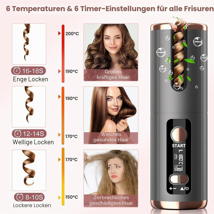 Automatischer Lockenstab, USB, wiederaufladbar, tragbar, 6 Temperaturen und Timer von 8-18 Sekunden