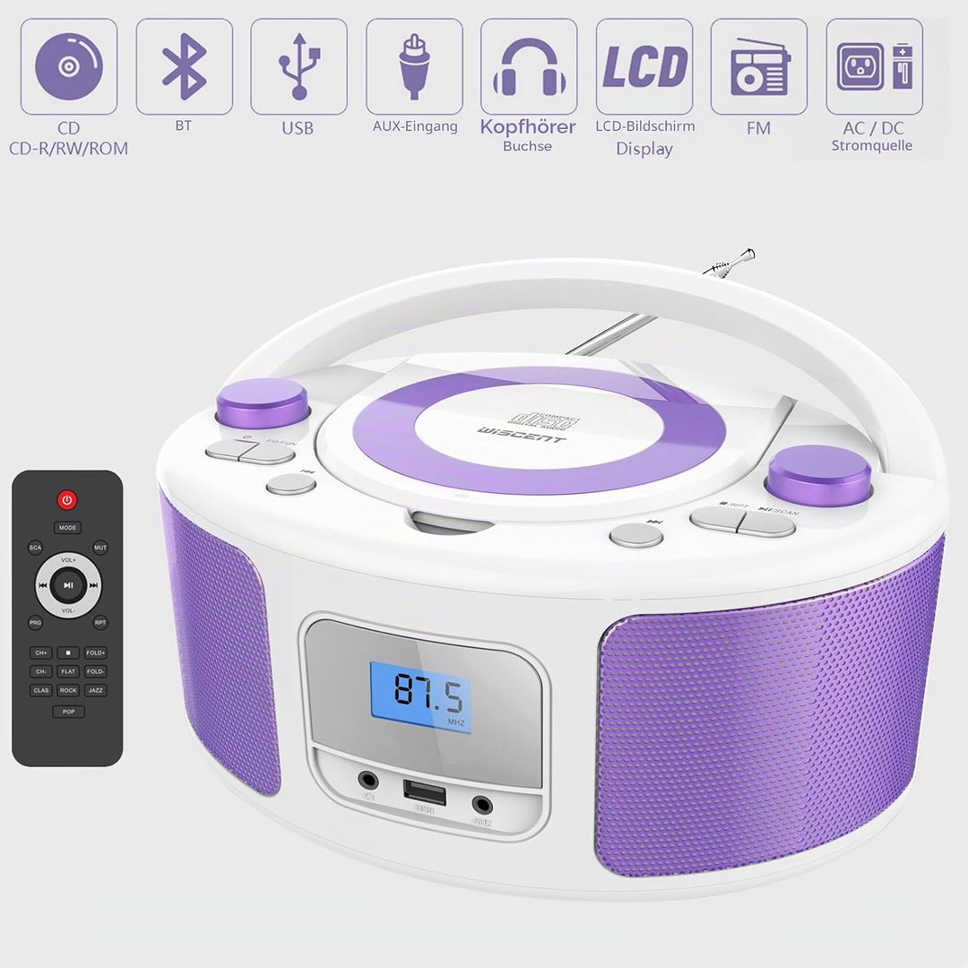 Tragbarer CD-Player Boombox mit Bluetooth | Fernsteuerung | FM-Radio | USB | MP3-Wiedergabe | Kompat