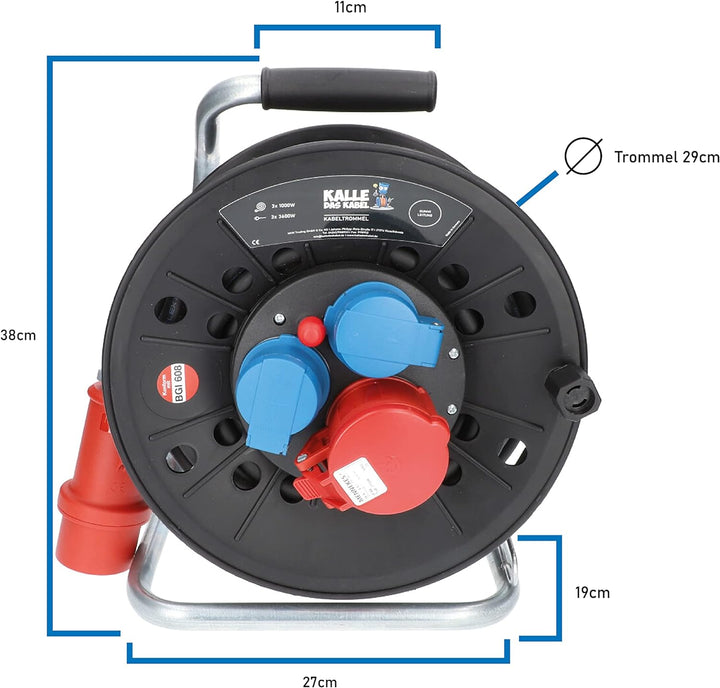 KALLE DAS KABEL Kabeltrommel RED Starkstrom mit 2 Schukosteckdosen und einer CEE 400V Steckdose H07R