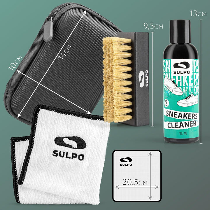 SULPO Sneaker Reinigungsset – pH-Neutrale Schuhputzsets, Bürste & Mikrofasertuch, Schonend für Leder