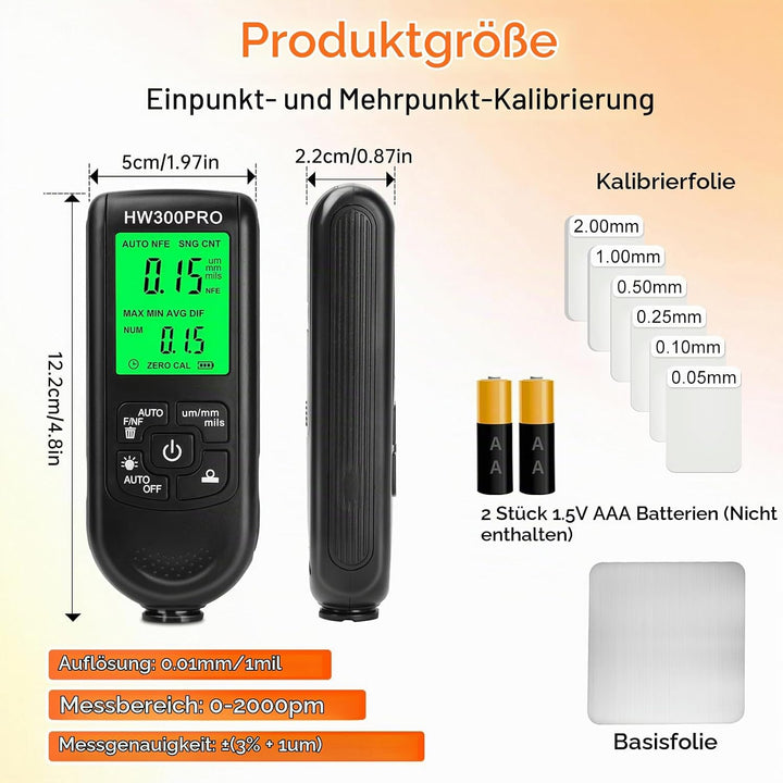 Schichtdickenmessgerät 0-2000μm, ±(3%+1µm) Präzision Digitales Lackdickenmessgerät für Metall mit Di