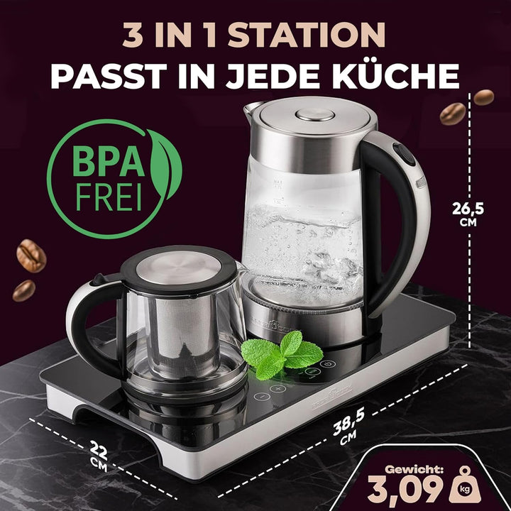 ProfiCook® Tee und Kaffeestation in Einem | 1,7 Liter hitzebeständiger Wasserkocher | Teekanne aus G