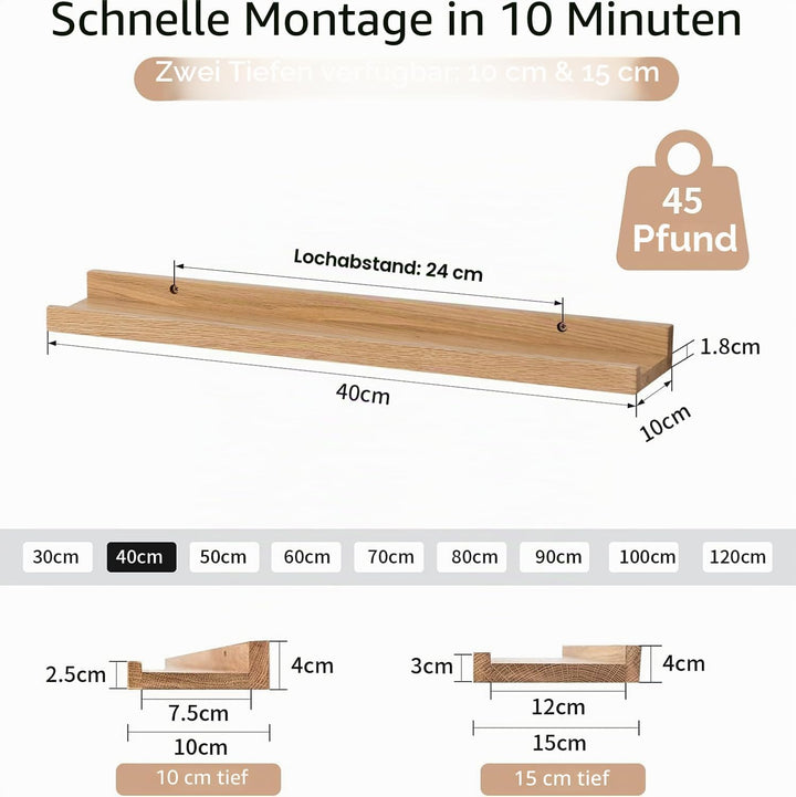 Bilderleiste Holz, 40cm Eiche Regal Massiv Schweberegal Wandregal gewürzregal regalbrett Hängeregal