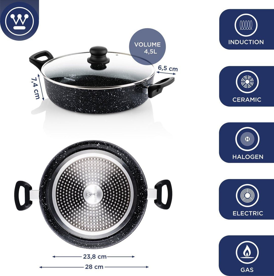 Westinghouse Pfannenset Induktion - Kasserolle 24cm & 28cm + Kasserolle 32cm - Schwarzer Marmor