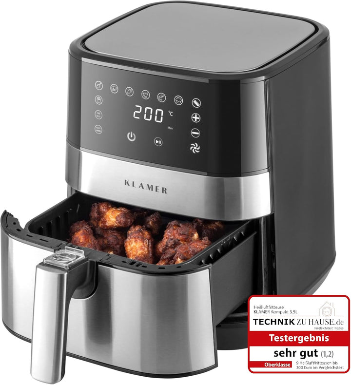 KLAMER Heissluftfritteuse 3,5L, Multifunktionale Mini Heissluftfritteuse, ölfreie Fritteuse, 1500W A