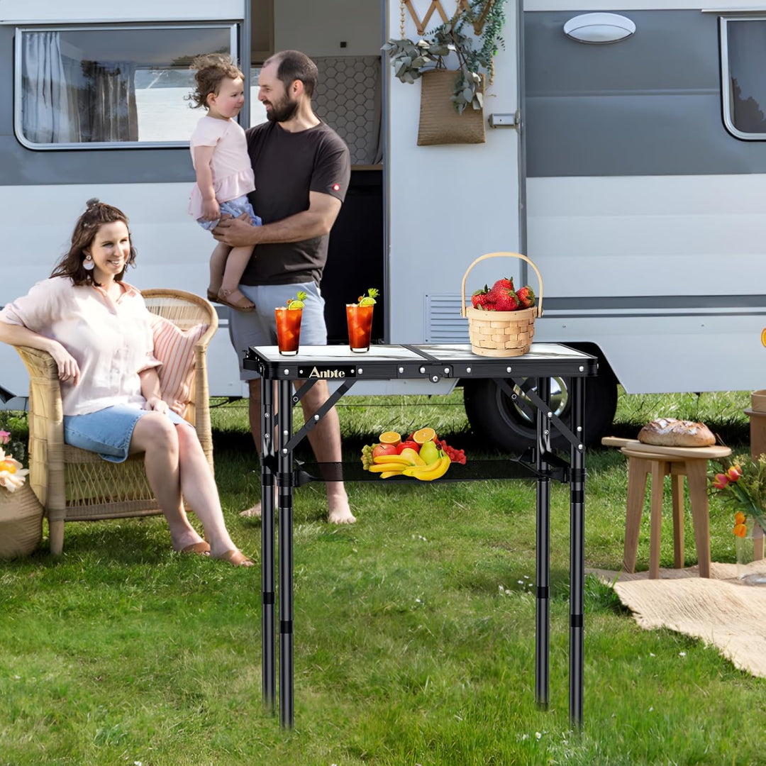 Anbte Campingtisch Tragbar 58x40x70 cm aus Alu, Marmorplatte mit 3 Verstellbare Höhe, Balkontisch Bi