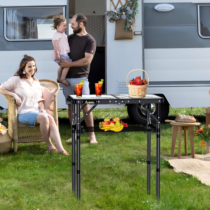 Anbte Campingtisch Tragbar 58x40x70 cm aus Alu, Marmorplatte mit 3 Verstellbare Höhe, Balkontisch Bi