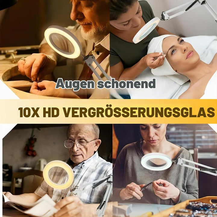 10X Lupe mit Licht und Ständer, Lupenleuchte mit 72 LEDs, 3 Farbmodi Dimmbare&amp;10 Helligkeitsstufen,