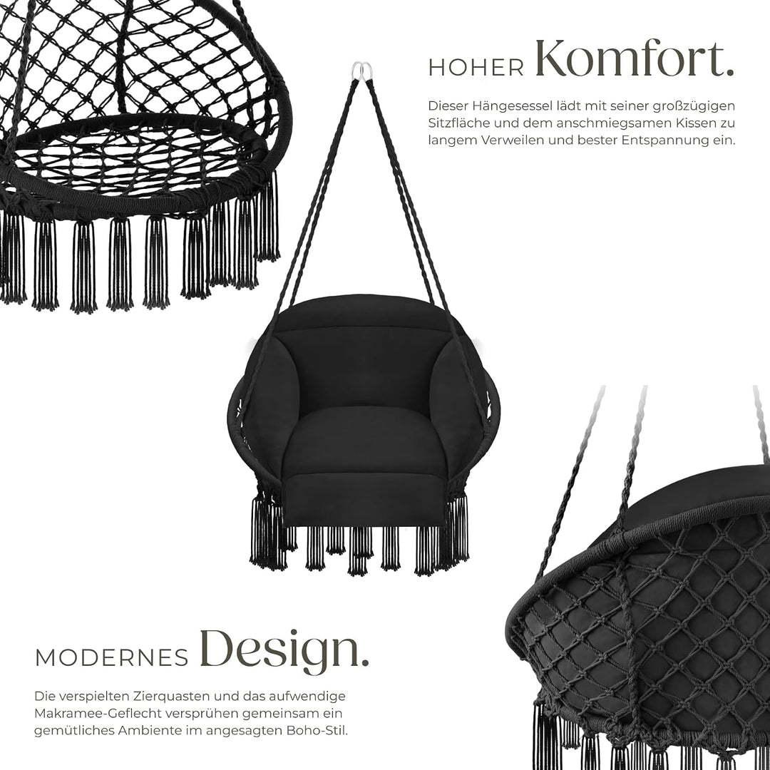 tectake® Hängesessel, Hängeschaukel mit dicken Kissen & Quasten, Boho Hängekorb Ø 80 cm, Hängesessel