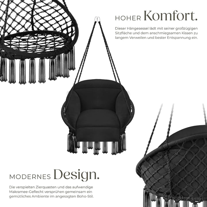 tectake® Hängesessel, Hängeschaukel mit dicken Kissen & Quasten, Boho Hängekorb Ø 80 cm, Hängesessel