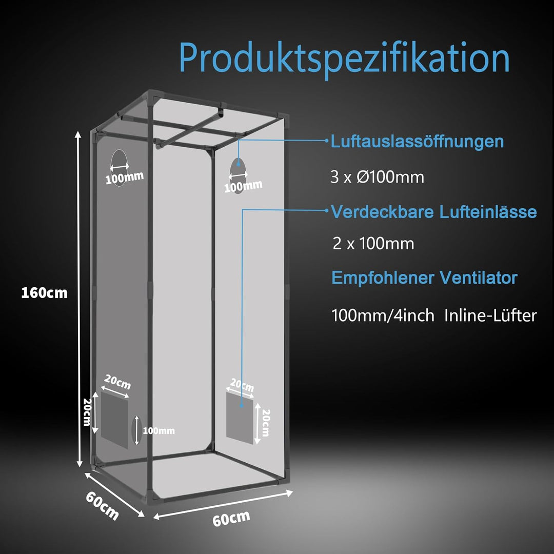 Growzelt 60x60x160 cm, Lichtdichte Gewächshaus, 1680D Hohe Reflektivität Mylar, Growbox mit abnehmba