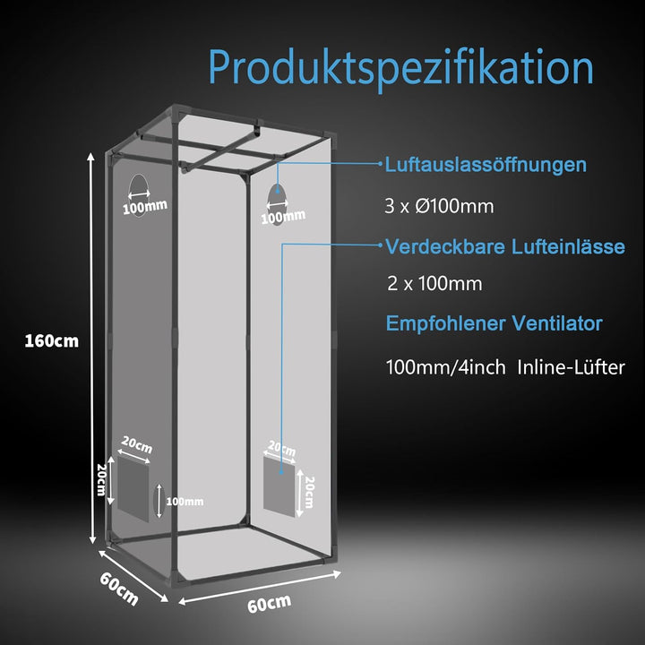 Growzelt 60x60x160 cm, Lichtdichte Gewächshaus, 1680D Hohe Reflektivität Mylar, Growbox mit abnehmba