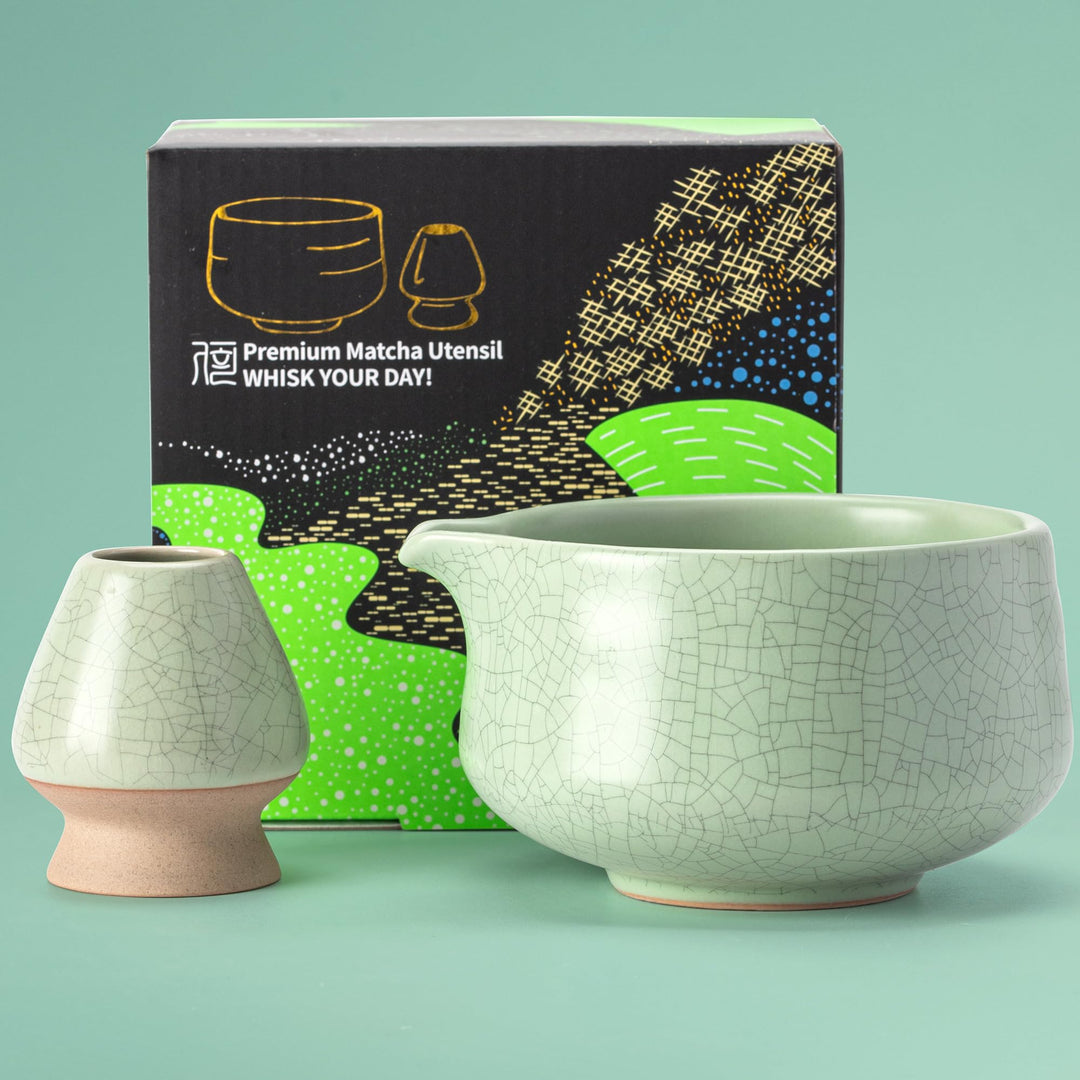 TEANAGOO Matcha Schale mit Ausgiesser,Keramik Matcha Schale und Schneebesen Halter,2 PCS Macha Chawa