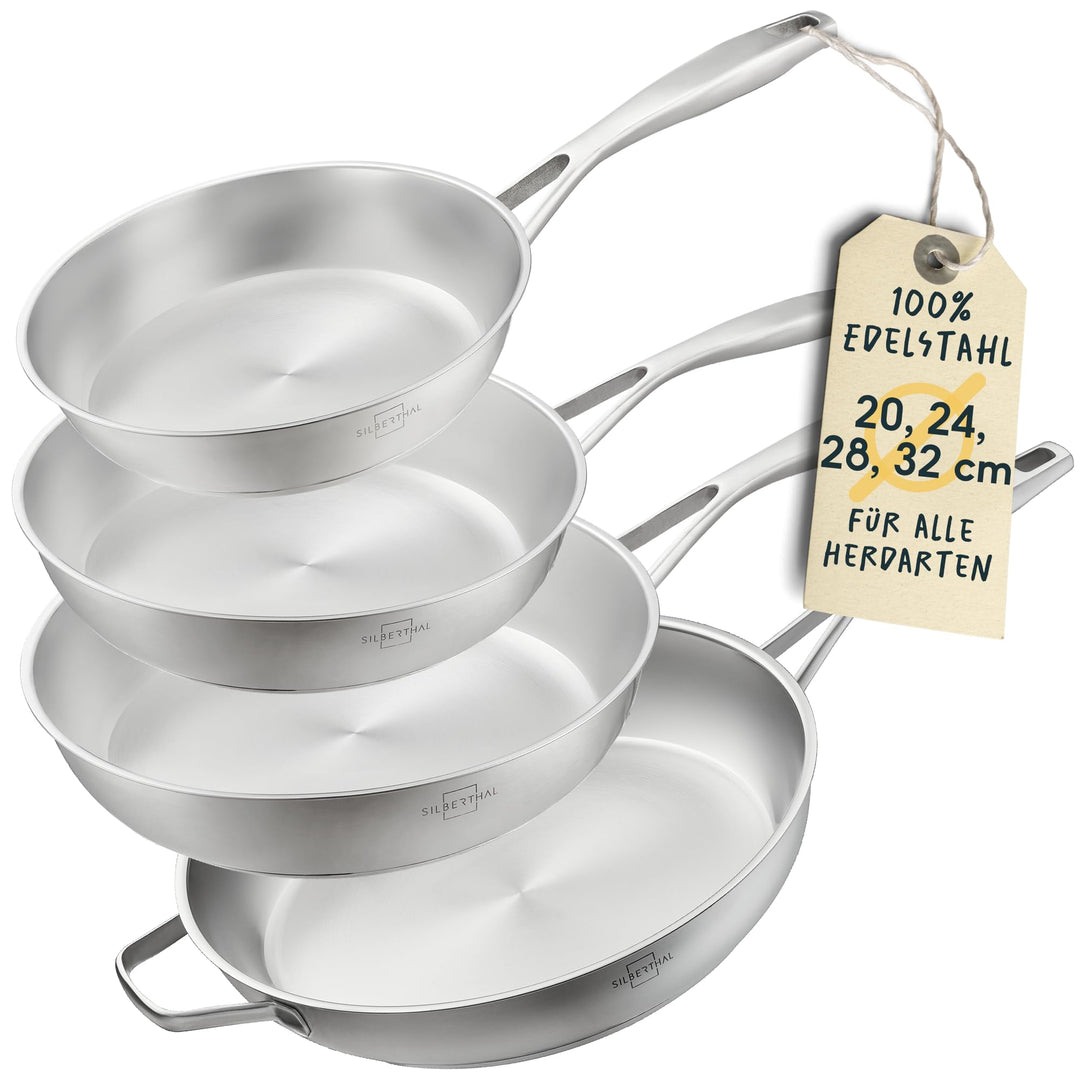 SILBERTHAL Pfannen Set 4 teilig - Edelstahlpfanne Unbeschichtet | 20, 24, 28 &amp; 32 cm - Induktionsgee