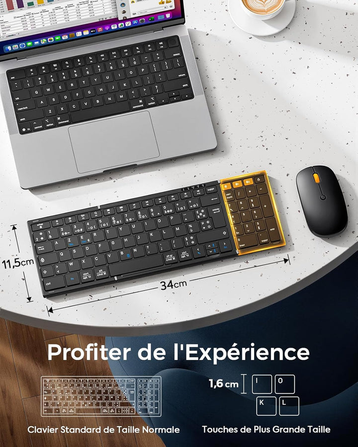 MoKo Zusammenklappbares kabelloses Tastatur- und Maus-Set, tragbare AZERTY-Bluetooth-Tastatur mit Zi