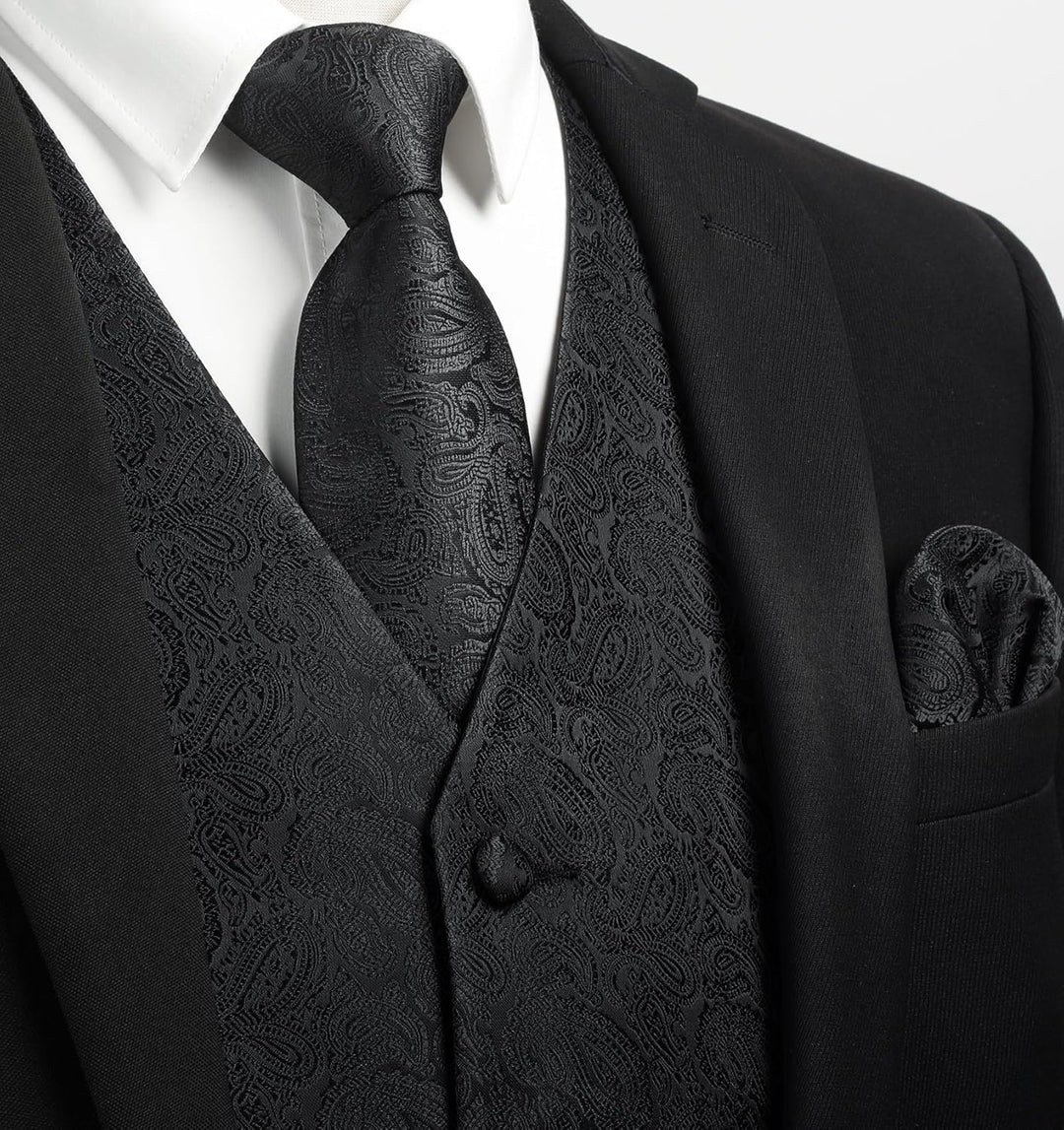 Enlision Herren Paisley Floral Jacquard Weste & Krawatte und Pocket Square Weste Anzug Set M Schwarz