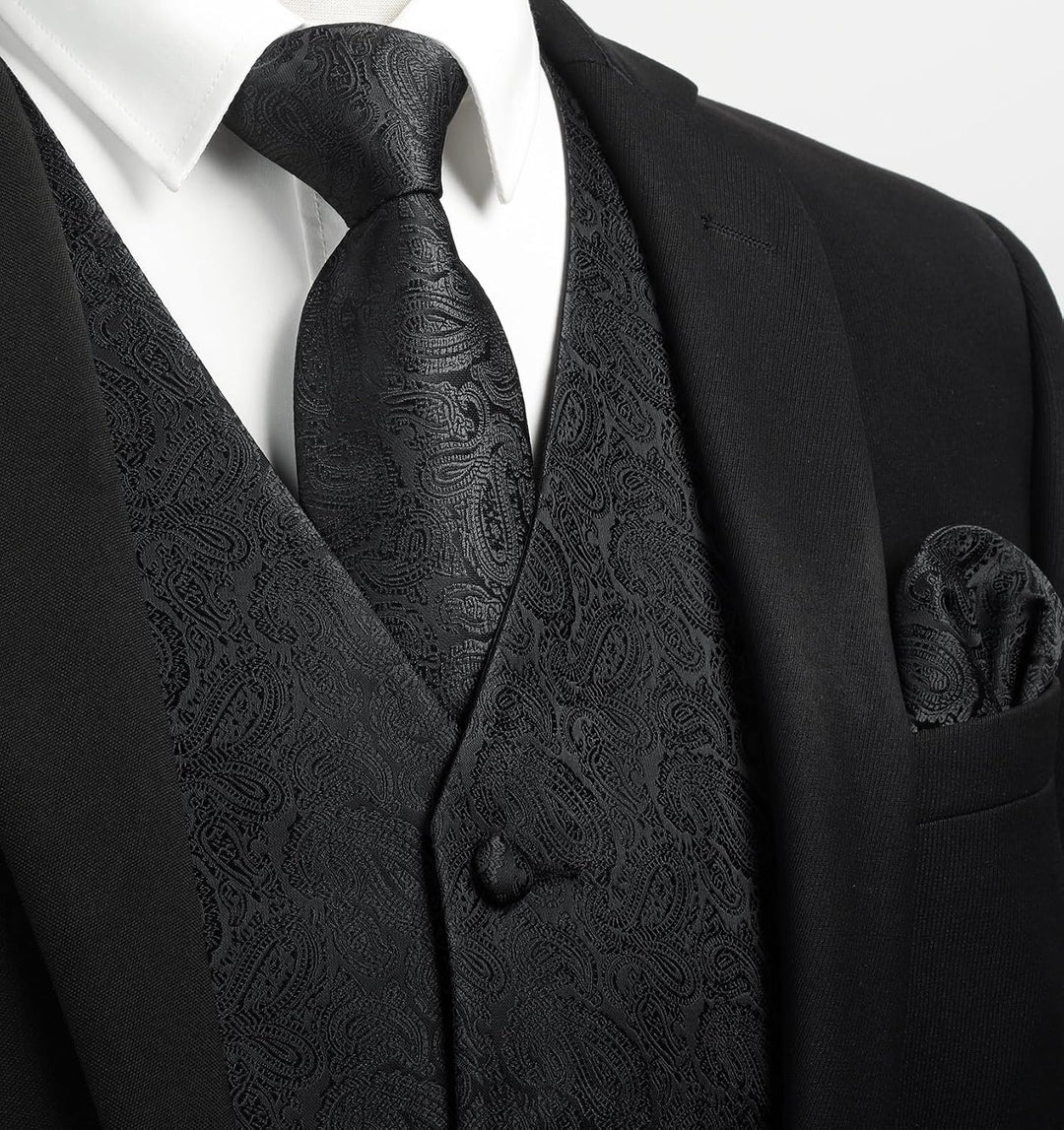 Enlision Herren Paisley Floral Jacquard Weste &amp; Krawatte und Pocket Square Weste Anzug Set XL Schwar