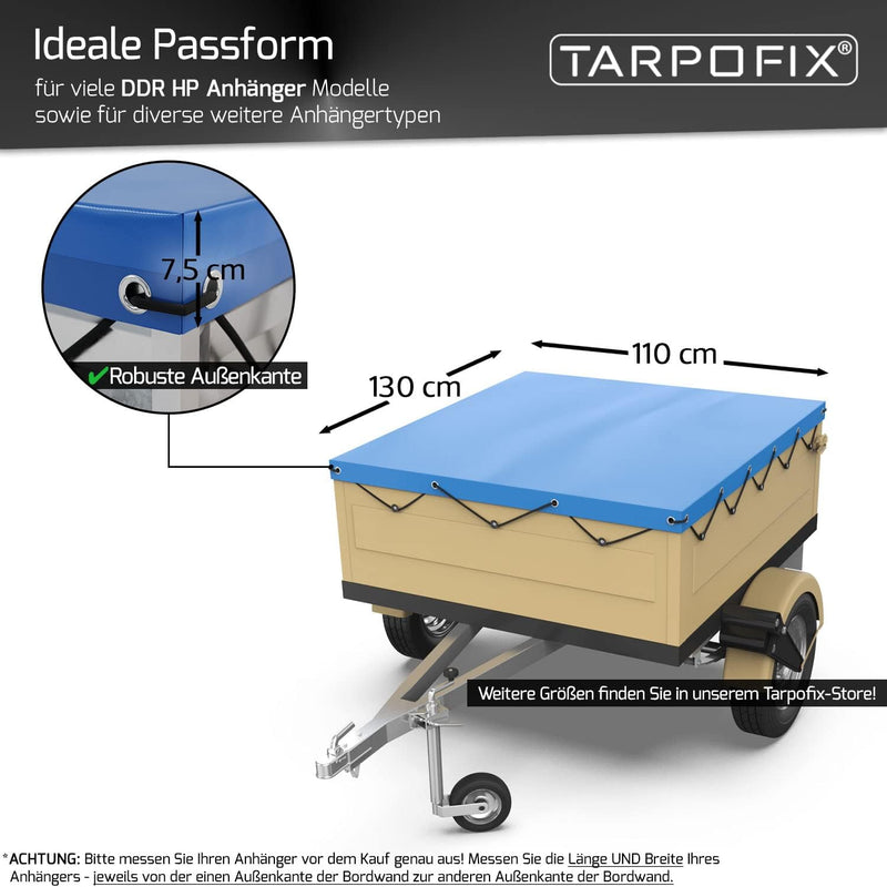 Tarpofix® Anhängerplane Flachplane 130 x 110 x 7,5 cm - inkl. Planengummi - randverstärktes Anhänger