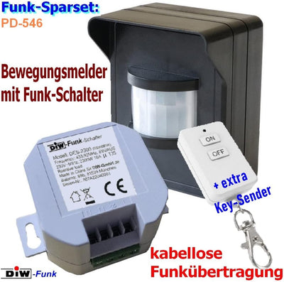 PD-546 DIW-FUNK Set Bewegungsmelder IP44 mit Funk-Einbau Empfänger 230V Funkschalter + Funk-Keysende