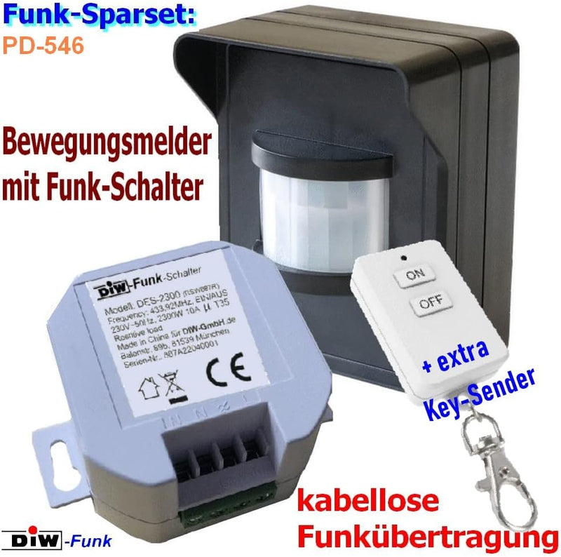 PD-546 DIW-FUNK Set Bewegungsmelder IP44 mit Funk-Einbau Empfänger 230V Funkschalter + Funk-Keysende