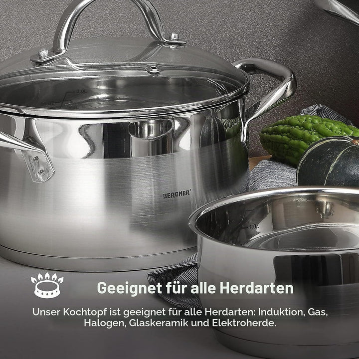 BERGNER Gourmet | Kochtopf mit Glasdeckel | 8 L Fassungsvermögen | Aus Edelstahl | Ergonomische Grif