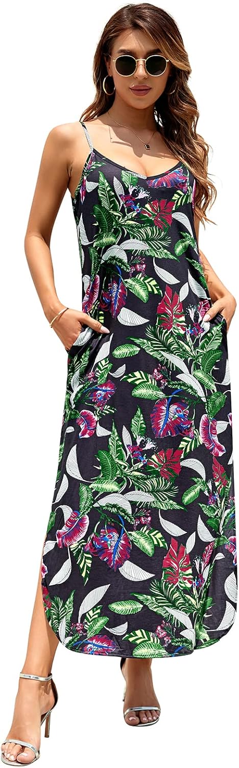 HUSKARY Damen-Sommerkleid, lässig, ärmellos, V-Ausschnitt, Riemen, geteilt, lockeres Kleid, Strandkl