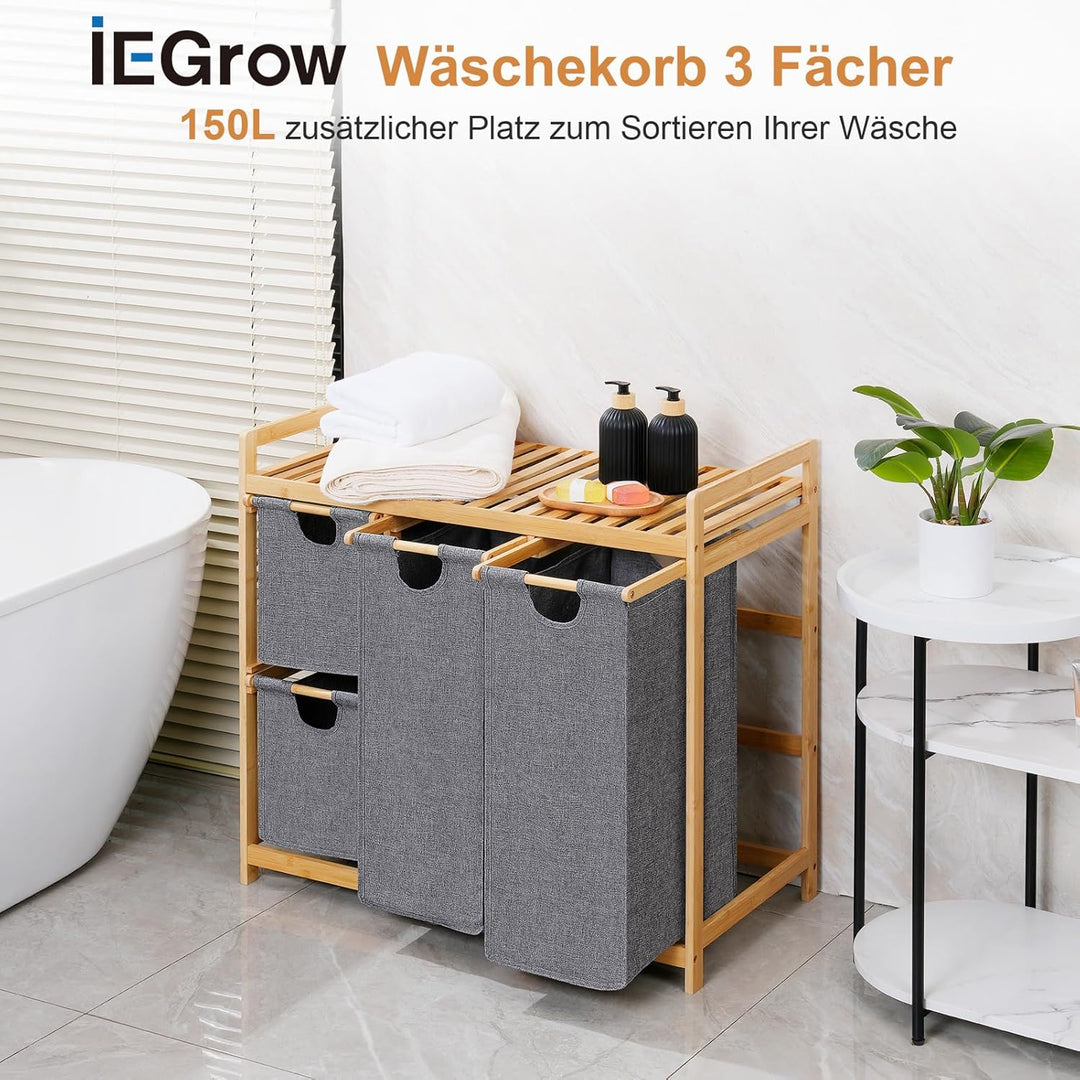iEGrow Wäschekorb 4 Fächer 150L, Wäschesammler 4 Fächer, Bambus Wäschewagen mit Ablage für Schmutzwä