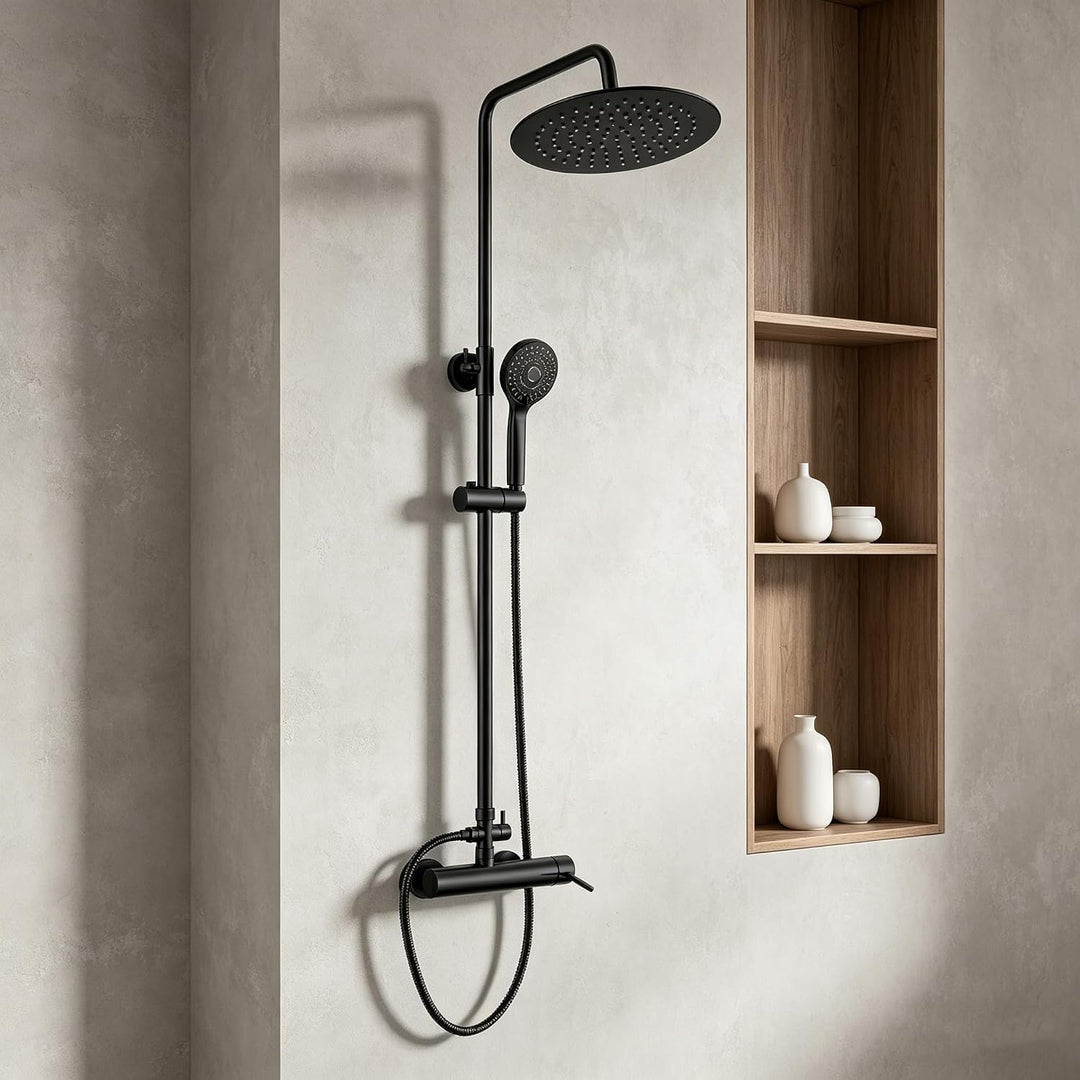 Duschsystem in Schwarz, Regendusche mit Handbrause, Verstellbare Duschstange, Thermostat-Mischbatter