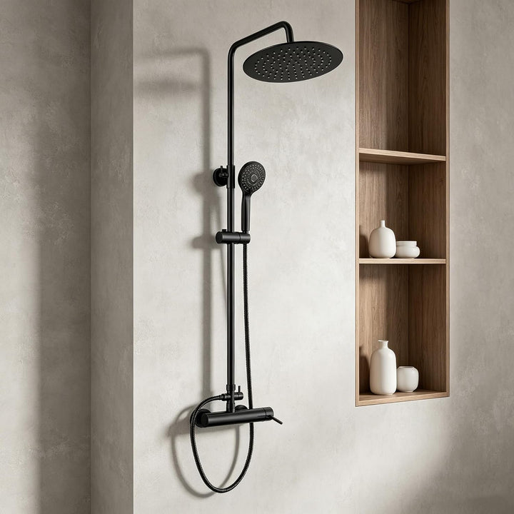 Duschsystem in Schwarz, Regendusche mit Handbrause, Verstellbare Duschstange, Thermostat-Mischbatter