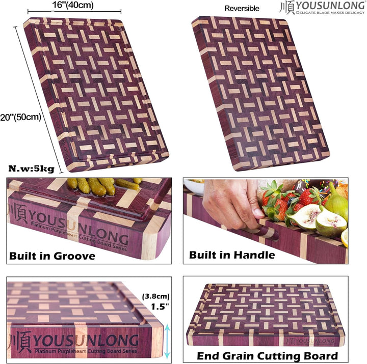 YOUSUNLONG End Grain Schneidebrett - 50 L x 40 B cm Schneidbrett aus Purple Heart Holz - 3,8 cm dick