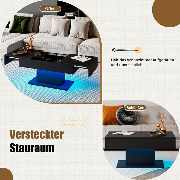 KEEPREAPER Couchtisch Hochglanz ausziehbar, Wohnzimmertisch versenkbar mit Stauraum für Sofa, 108x53
