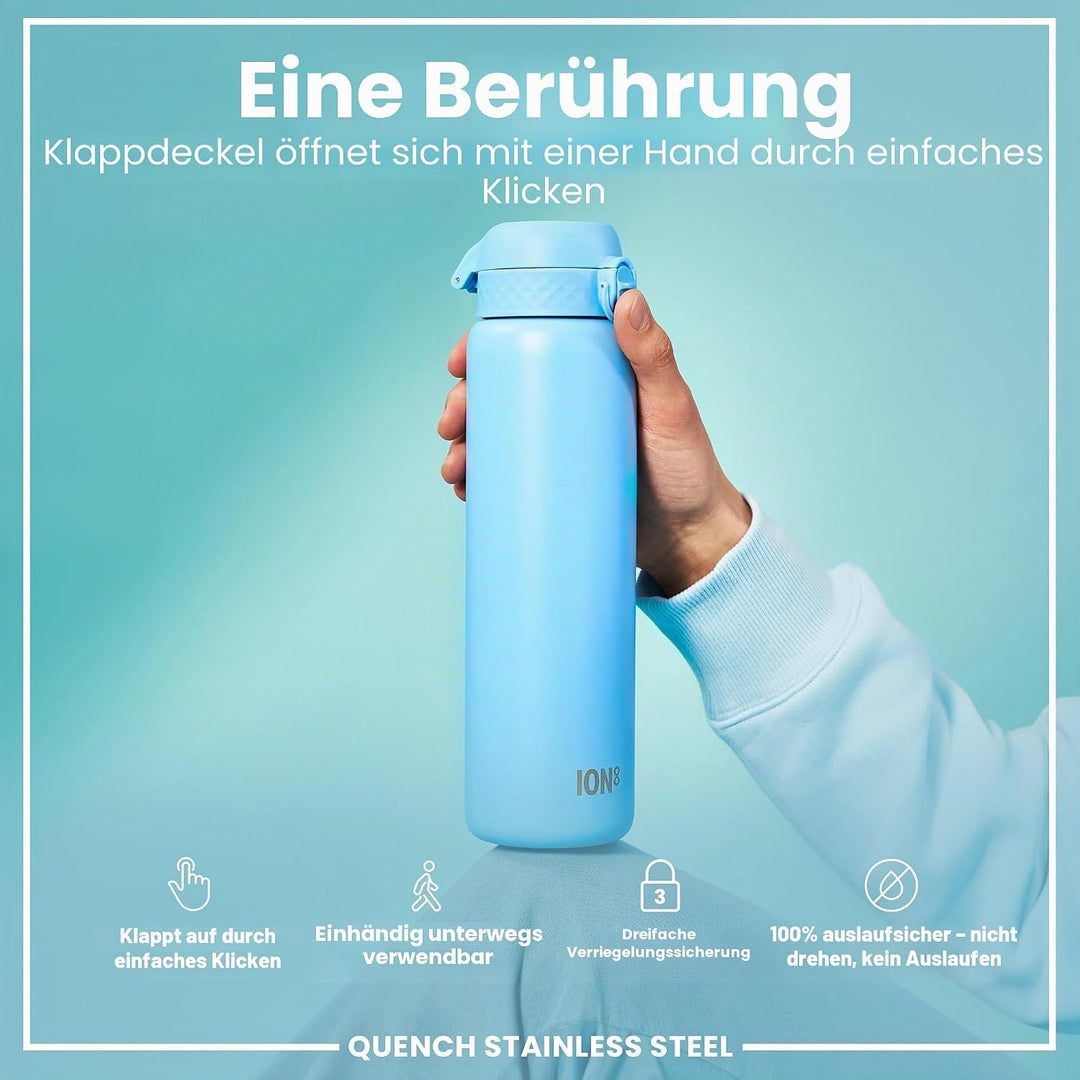 Ion8 1 Liter Edelstahl Trinkflasche, Auslaufsicher, Einhandöffnung, Sichere Verriegelung, Spülmaschi