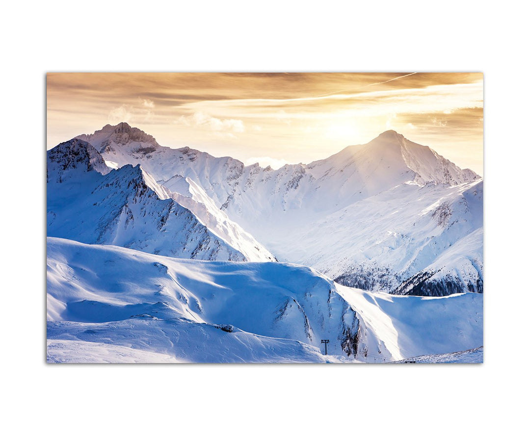 120x80cm - Fotodruck auf Leinwand und Rahmen Winterlandschaft Schnee Berge Abendsonne - Leinwandbild