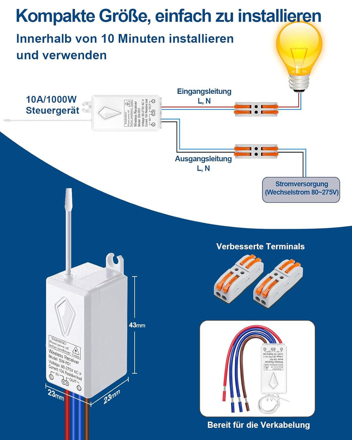230V Funkschalter - Thinkbee 1000 Watt Ein Aus Funk Lichtschalter Set Für Licht, 80~275V Wireless Sw