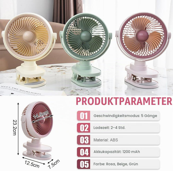 Camping Ventilator mit LED Nachtlicht , Wiederaufladbarer USB-C Klein Clip Ventilator mit Akku, 5 Ge