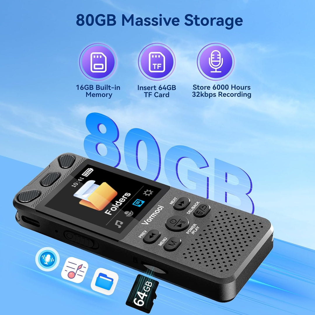 80GB Diktiergerät Digitales 110 Std Aufnahmegerät mit Externes Mikrofon, Vormooi 2,15" Farbbildschir