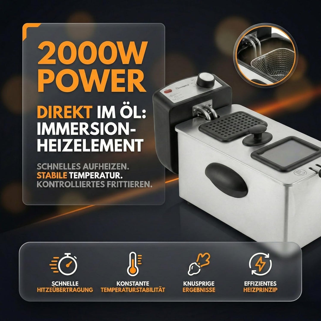 Fritteuse 3L 2000W – Fritteuse mit Öl aus Edelstahl | Öl Fritteuse 130–200°C | Haushalts Fritteusen