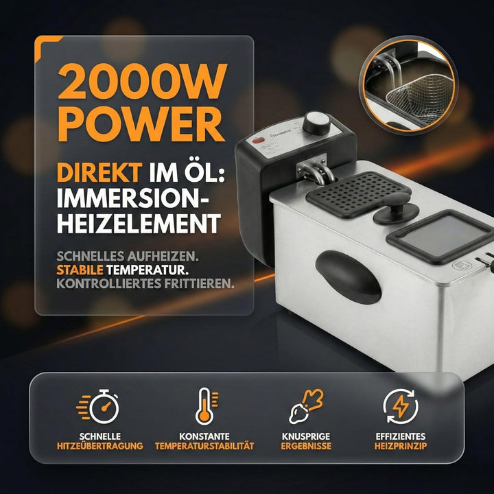 Fritteuse 3L 2000W – Fritteuse mit Öl aus Edelstahl | Öl Fritteuse 130–200°C | Haushalts Fritteusen