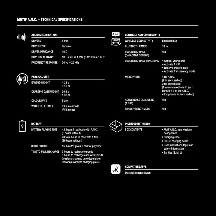 Marshall Motif ANC - True Wireless Active Noise Cancelling Geräuschunterdrückung In-ear Bluetooth Oh