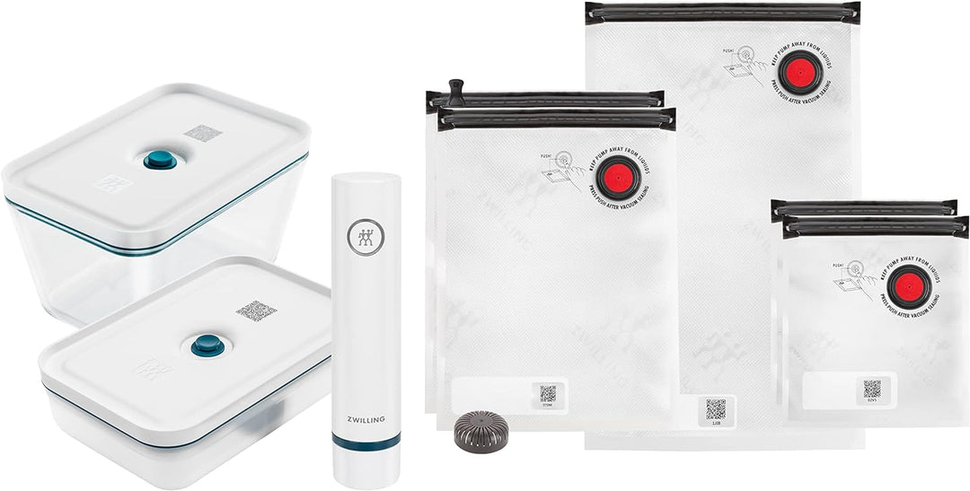 ZWILLING Fresh & Save Vakuum Starterset, Glas, 8-teilig, inkl. Dose, Pumpe und Beutel, La Mer Glas S