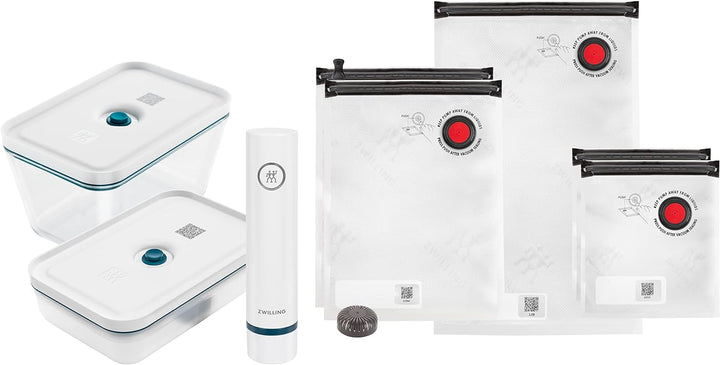 ZWILLING Fresh & Save Vakuum Starterset, Glas, 8-teilig, inkl. Dose, Pumpe und Beutel, La Mer Glas S