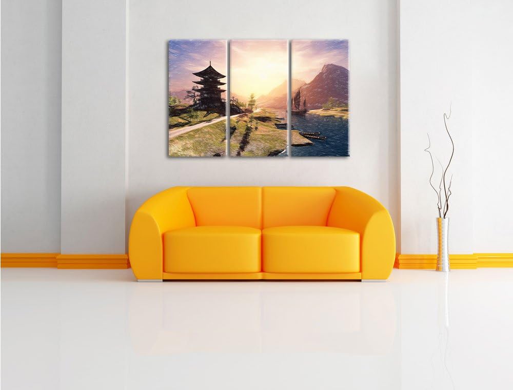 Pixxprint beeindruckender asiatischer Tempel an Fluss Kunst Buntstift Effekt 3-Teiler Leinwandbild 1