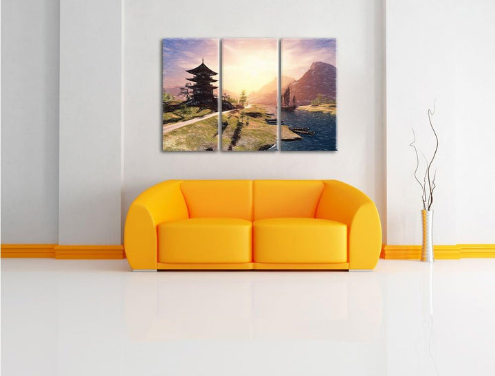 Pixxprint beeindruckender asiatischer Tempel an Fluss Kunst Buntstift Effekt 3-Teiler Leinwandbild 1