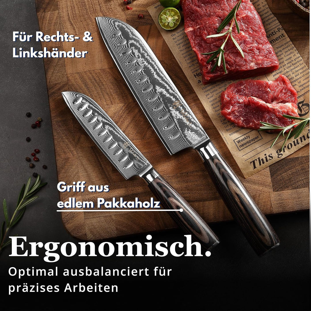 Wakoli EDIB Essentials 2er Damast Küchenmesser Set - 12cm & 18cm Santoku Messer aus 67 Lagen Damasts