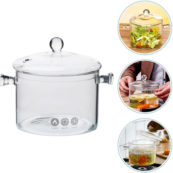 Glastopf mit Ergonomischem Griff 1500ml aus Hitzebeständigem Glas mit Deckel und Langsamer Wärmeable