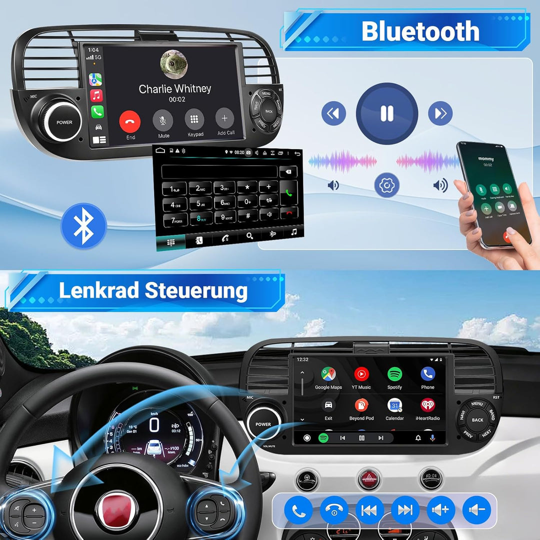 ESSGOO 4+64G Wireless Autoradio Android 14 mit Carplay und Android Auto Für FIAT 500 2007-2015 mit 7