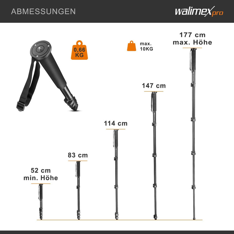 Walimex FT-1502 Pro Einbeinstativ 177cm - Stabiles Aluminium-Einbeinstativ - 10 kg Traglast - Fliplo