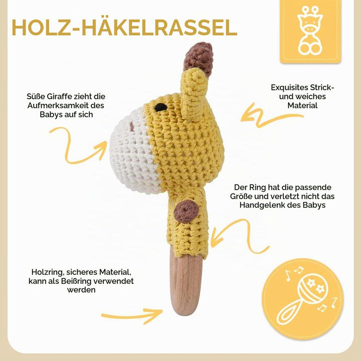 Youuys Babyrassel Gehäkelte Holz Häkeln Tiere Greifling Baby Holz Rassel Baby mit Sound Handmade Ras